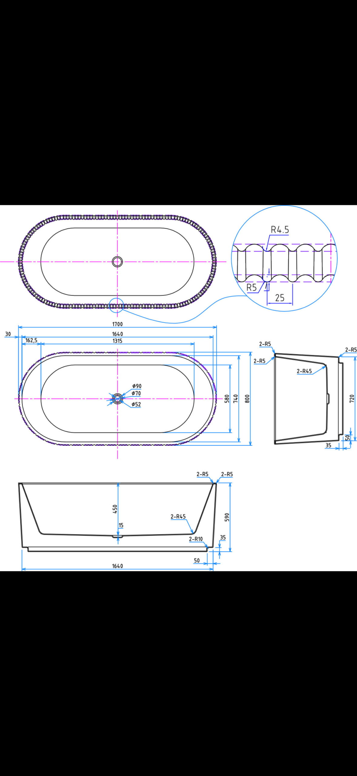 Fluted freestanding bath 1700 x 800 - Image 4